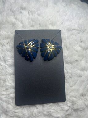 Vintage Blue and Gold Leaf Statement Stud Earrings